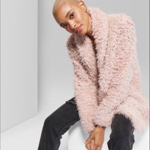 Pink sherpa open front coat
